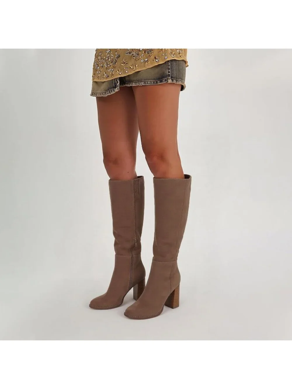 Women's Khaki Chunky Heeled Round Toe Faux Suede Side Zipper Knee High Boots